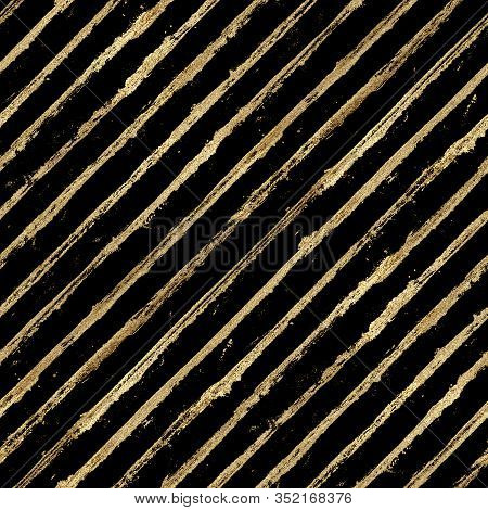 Abstract Grunge Seamless Pattern With Golden Glittering Acrylic Paint Diagonal Stripes On Black Back