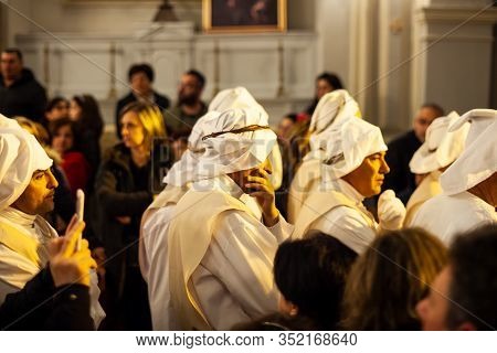 Leonforte, Sicily - April, 19: Christian Brethren During The Traditional Good Friday Procession On A