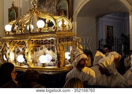 Leonforte, Sicily - April, 19: Christian Brethren During The Traditional Good Friday Procession On A