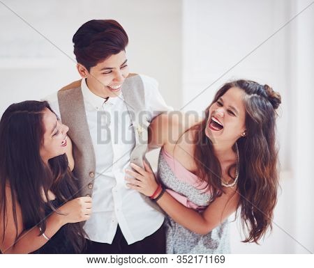 Cheerful, Laughing Friends, Girls, Students Having Fun Together