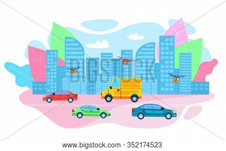 Express Drone Parcel Drugs Delivery To Customer Hospital Futuristic Flat Cartoon Future Medical Supp