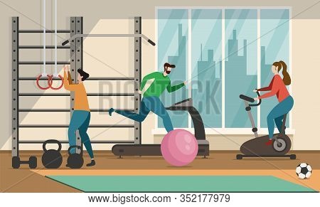 Men And Woman Training In Fitness Club Doing Sport Going In For Athletics In Gym Flat Vector Illustr