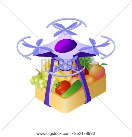 Drone Delivering Purchase Isometric Illustration. 3d Copter, Quadrotor With Propellers. Realistic Ve