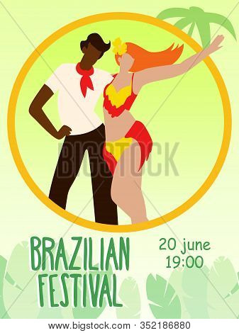 Man In White Shirt And Red Shawl And Woman In Open Red Suit. Brazilian Festival. Party Invitation. D