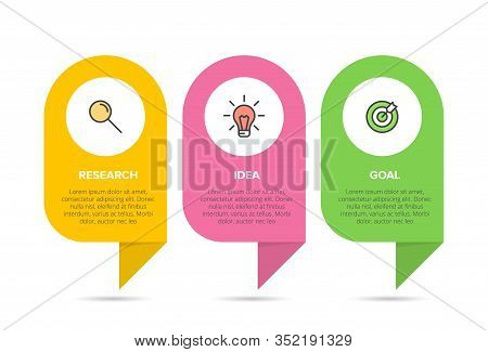 Concept Of Arrow Business Model With 3 Successive Steps. Three Colorful Design Elements. Timeline De