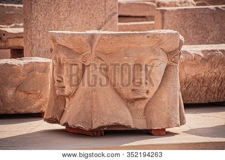 The Head Of The Goddess Hathor. Egypt, Dendera, The Ancient Egyptian Temple Of Dendera Or Hathor Tem