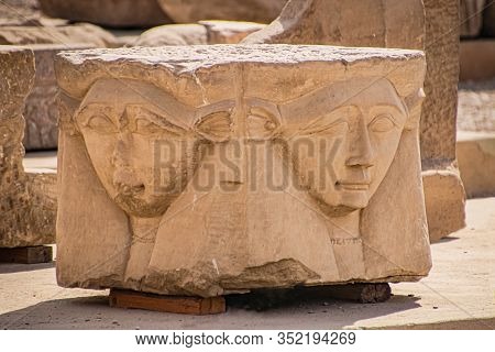 The Head Of The Goddess Hathor. Egypt, Dendera, The Ancient Egyptian Temple Of Dendera Or Hathor Tem