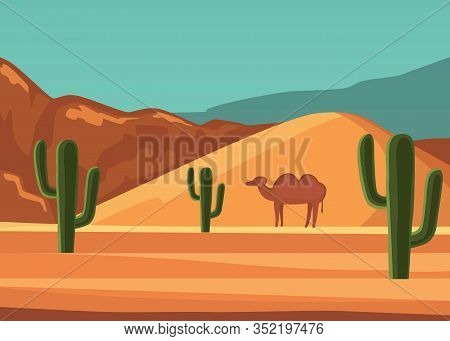 Desert Landscape Poster With Cartoon Camel Vector Illustration. Sandy Wilderness With Cactuses, Moun