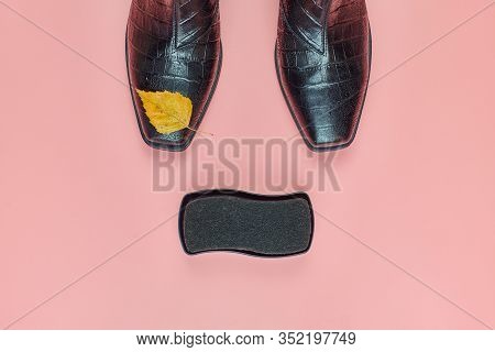 Autumn Waterproof Woman Shoes With Rain Drops And Polish Sponge, Copy Space. Shoe Care Concept. Rain