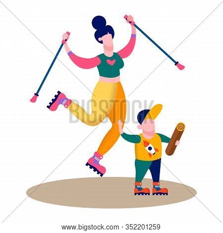 Family Trip Outdoor Activity Flat Card Vector Cartoon Mother Son Hiking Preparing Log For Campfire I