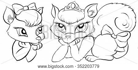 Vector Outline Kitty. Coloting Pretty Cat With Crown. Catroon Character For Children Coloring Book.