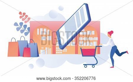 Young Busy Urban Woman, Going On Shopping Tour, Not Leaving Office Or Home, Through App In Her Phone
