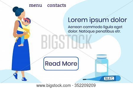 Woman In Blue Dress With Girl In Sling. Thermometer And Pills. Insurance Policy. Vector Illustration