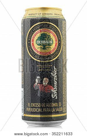 Ukraine, Kiev - February 06. 2020: Aluminium Cold Can Of Eichbaum Schwarzbier Beer, On White Backgro