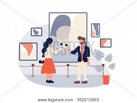 Art Gallery Opening. Man Woman Drink Wine Vector Illustration. Contemporary Abstract Paintings Colle