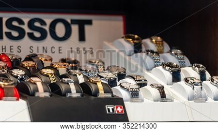 Geneva, Switzerland - April 14, 2019:  Tissot Brand Watches. Tissot Luxury Watches At Showcase For S