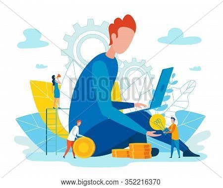 Flat Team Operates Efficiently And Without Stress. Man Looks Into Laptop. Little People Count Gold C