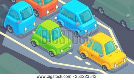 Bottleneck Traffic Jam. Road Dence Traffic On Motorway Or Highway. Different Car On Road.