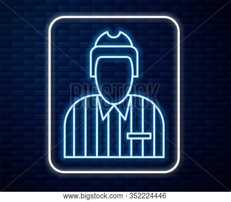 Glowing Neon Line Hockey Judge, Referee, Arbiter Icon Isolated On Brick Wall Background. Vector Illu