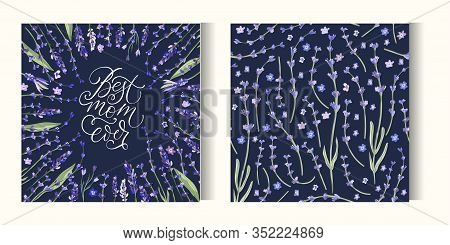 Best Mom Ever. Floral Greeting Card Vector Template. Frame With Hand Drawn Leaves And Wild Field Lav