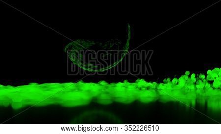 Abstract Stream Of Spherical Particles Reflected From A Large Black Circular Sphere. Paricles Are Gl