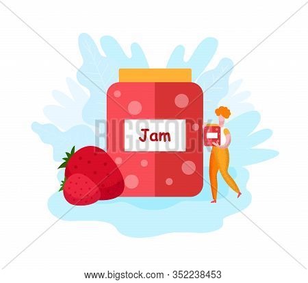 Woman Near Jars With Strawberry Jam. Red Jam. Strawberry Berries On White Background. Vector Illustr