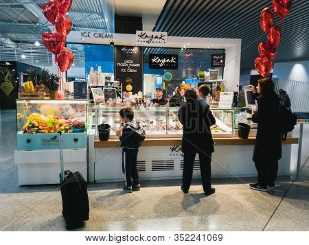Athens, Greece - February, 11 2020: People Making Order At Kayak Pure Magic Greek Frozen Yogurt And 