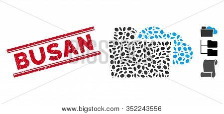 Rubber Red Stamp Seal With Busan Text Inside Double Parallel Lines, And Mosaic Folder Icon. Mosaic V
