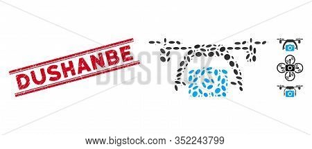 Grunge Red Stamp Seal With Dushanbe Caption Between Double Parallel Lines, And Mosaic Photo Drone Ic