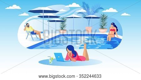 Woman With Laptop And Cocktail Lies On Pool Background. People Relaxing By Pool. Coworking Center. V
