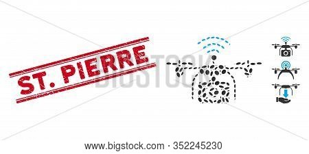 Rubber Red Stamp Seal With St. Pierre Caption Inside Double Parallel Lines, And Mosaic Radio Camera 