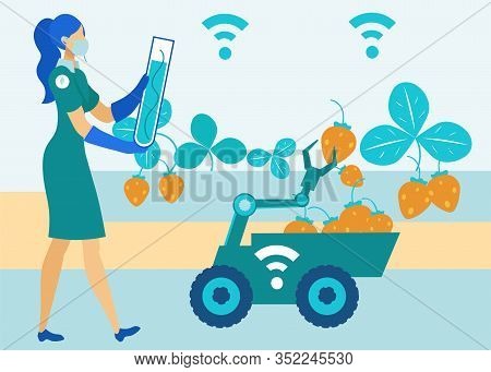 Woman In Respirator And Gloves Holding Test Tube. Examining Quality Fruits. Machine Robot Collects B