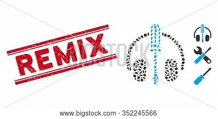 Grunge Red Stamp Seal With Remix Text Inside Double Parallel Lines, And Collage Headphones Tuning Sc