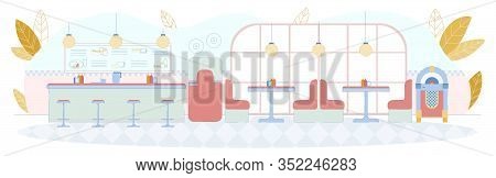 Fast Food Or Roadside Cafeteria Interior With Soft Red Couches And Counter. Quick Service Restaurant