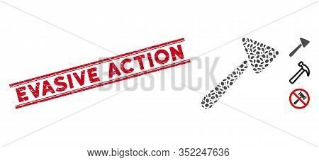 Distressed Red Stamp Seal With Evasive Action Caption Inside Double Parallel Lines, And Collage Neur