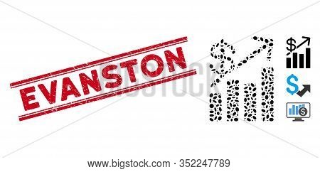 Corroded Red Stamp Seal With Evanston Caption Inside Double Parallel Lines, And Mosaic Price Growth 