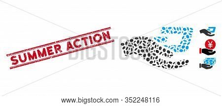 Grunge Red Stamp Seal With Summer Action Caption Inside Double Parallel Lines, And Mosaic Hand Offer