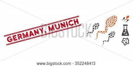 Distressed Red Stamp Watermark With Germany, Munich Phrase Inside Double Parallel Lines, And Mosaic 