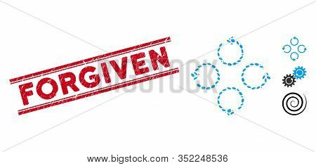 Corroded Red Stamp Seal With Forgiven Text Inside Double Parallel Lines, And Mosaic Rotation Icon. M