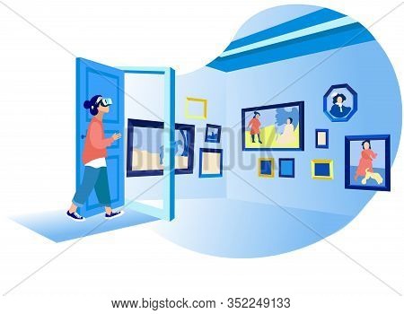 Woman In Her Room Wearing Virtual Glasses And Looking At Virtual Art Gallery Or Museum. Vr Education