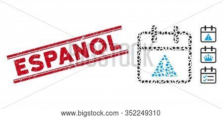 Rubber Red Stamp Seal With Espanol Text Between Double Parallel Lines, And Mosaic Problem Day Icon. 