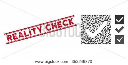Distressed Red Stamp Seal With Reality Check Text Inside Double Parallel Lines, And Mosaic Check Ico