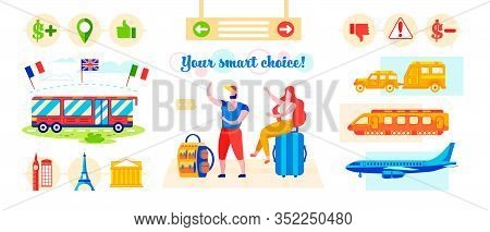 Inscription You Smart Choice. Vector Illustration. Man And Woman Prefer Bus Tours. People Are Sittin