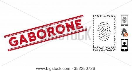 Grunge Red Stamp Seal With Gaborone Text Inside Double Parallel Lines, And Collage Smartphone Finger