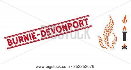 Grunge Red Stamp Seal With Burnie-devonport Caption Inside Double Parallel Lines, And Mosaic Flame I