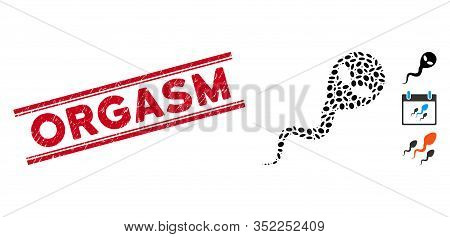 Grunge Red Stamp Seal With Orgasm Caption Inside Double Parallel Lines, And Collage Alien Spermatozo