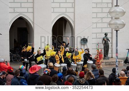 Munich, Germany - February 23, 2020: The Street Percussion Band Drumadama Playing Its Explosive Rhyt