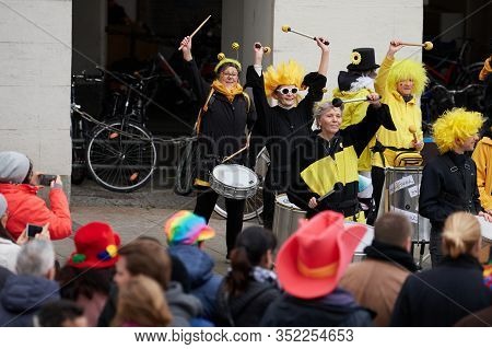 Munich, Germany - February 23, 2020: The Street Percussion Band Drumadama Playing Its Explosive Rhyt