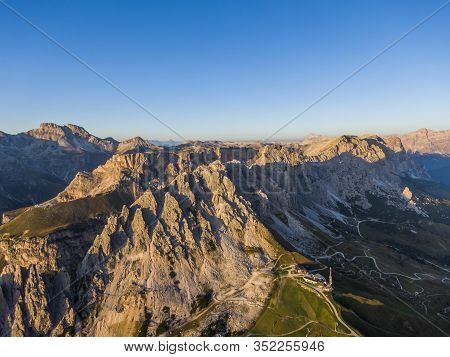 Aerial View Of Pizes De Cir Mountain Range And Gardena Pass, South Tyrol, Italy