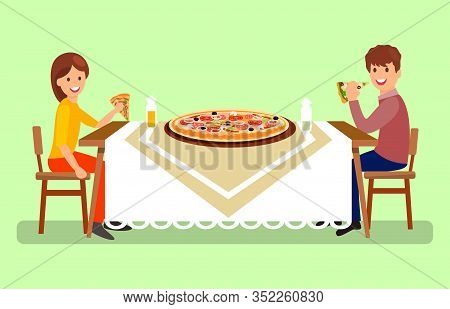 Married Couple Having Dinner Vector Illustration. Man And Woman Sitting At Restaurant Table Side Vie